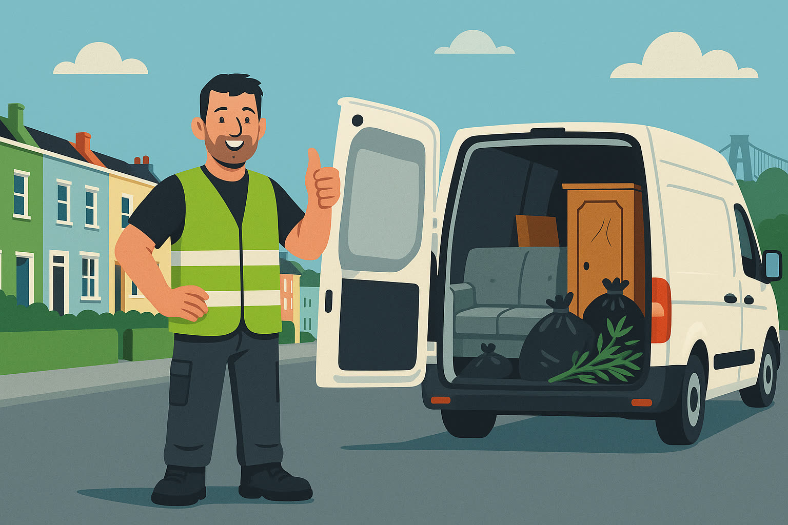 Nathan giving a thumbs up beside his white van, loaded with a sofa, wardrobe and garden waste